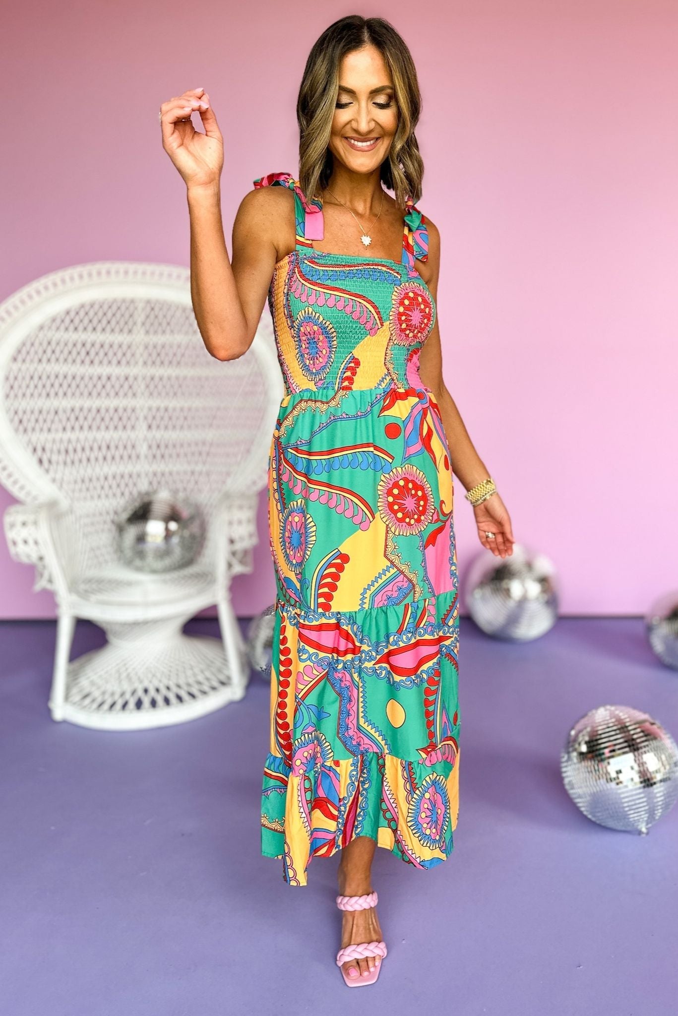 Load image into Gallery viewer, Multi Abstract Printed Smocked Bodice Tie Strap Dress, summer dress, brunch style, elevated style, shop style your senses by mallory fitzsimmons
