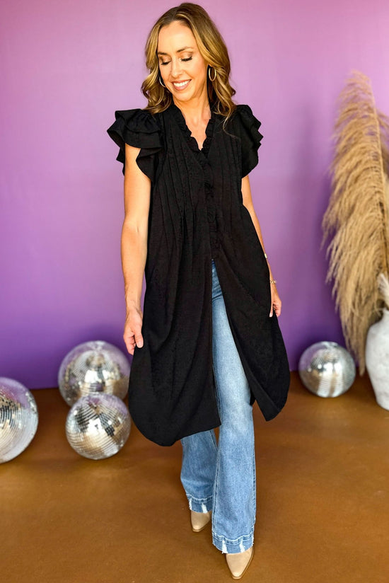 Black Button Front Pleated Short Ruffle Sleeve Tunic Top, must have top, must have tunic top, elevated style, concert style, elevated top, fall top, fall style, fall tunic, mom style western style, western top, festival top, shop style your senses by mallory fitzsimmons