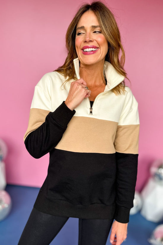 Load image into Gallery viewer, SSYS Taupe Black Color Block Quarter Zip Pullover, must have pullover, must have athleisure, elevated style, elevated athleisure, mom style, active style, active wear, fall athleisure, fall style, comfortable style, elevated comfort, shop style your senses by mallory fitzsimmons
