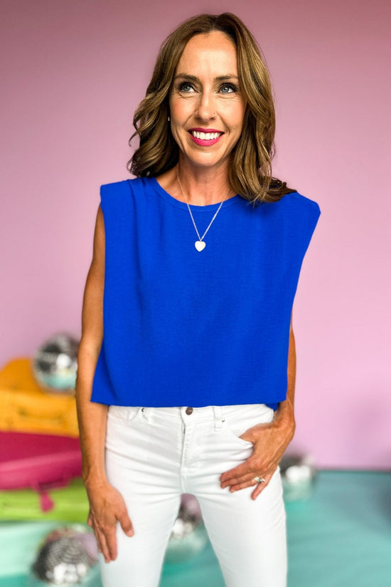 Load image into Gallery viewer, Royal Blue Padded Shoulder Top, summer top, elevated style, mom style, shop style your senses by mallory fitzsimmons
