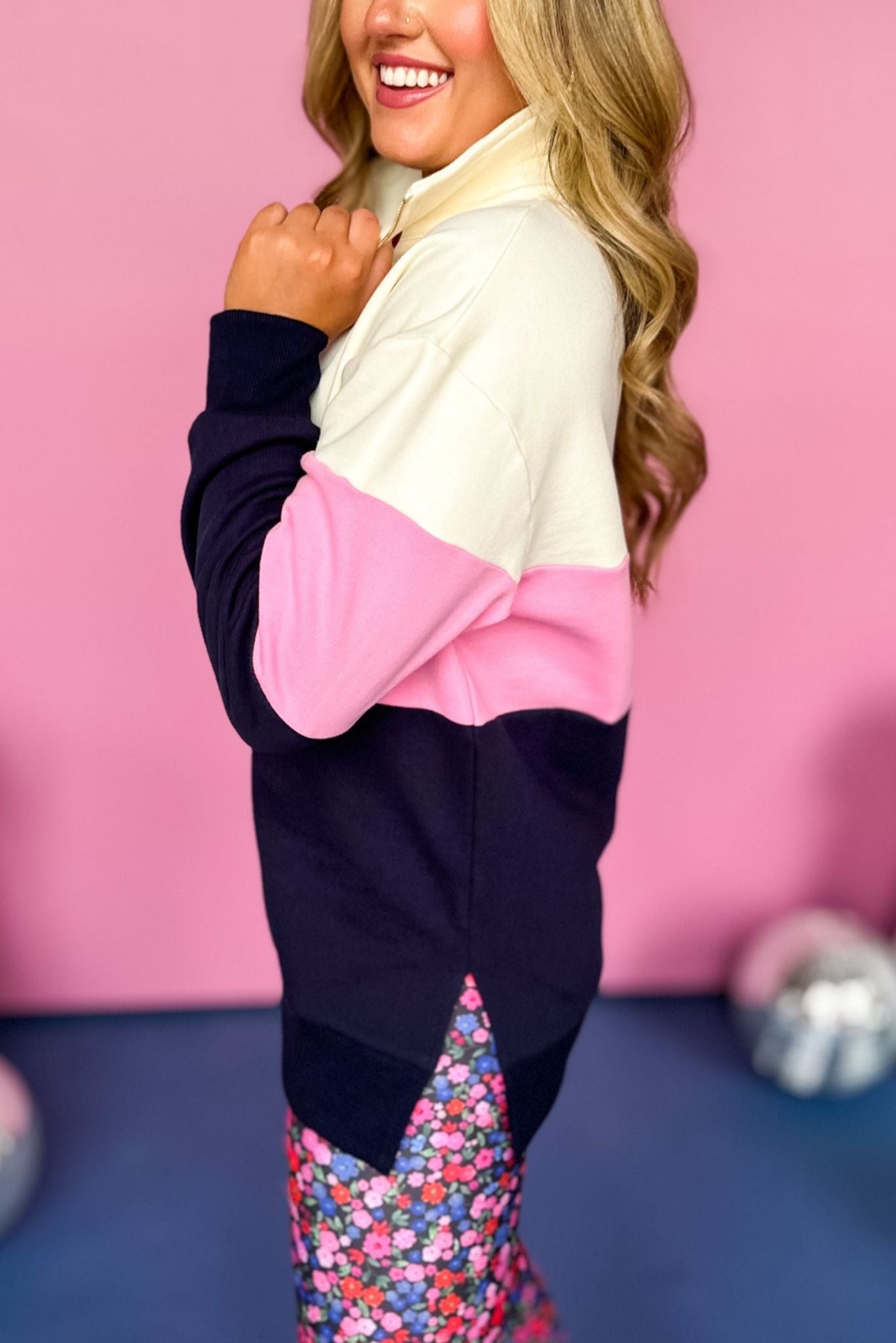 Load image into Gallery viewer, SSYS Pink Navy Color Block Quarter Zip Pullover, must have pullover, must have athleisure, elevated style, elevated athleisure, mom style, active style, active wear, fall athleisure, fall style, comfortable style, elevated comfort, shop style your senses by mallory fitzsimmons
