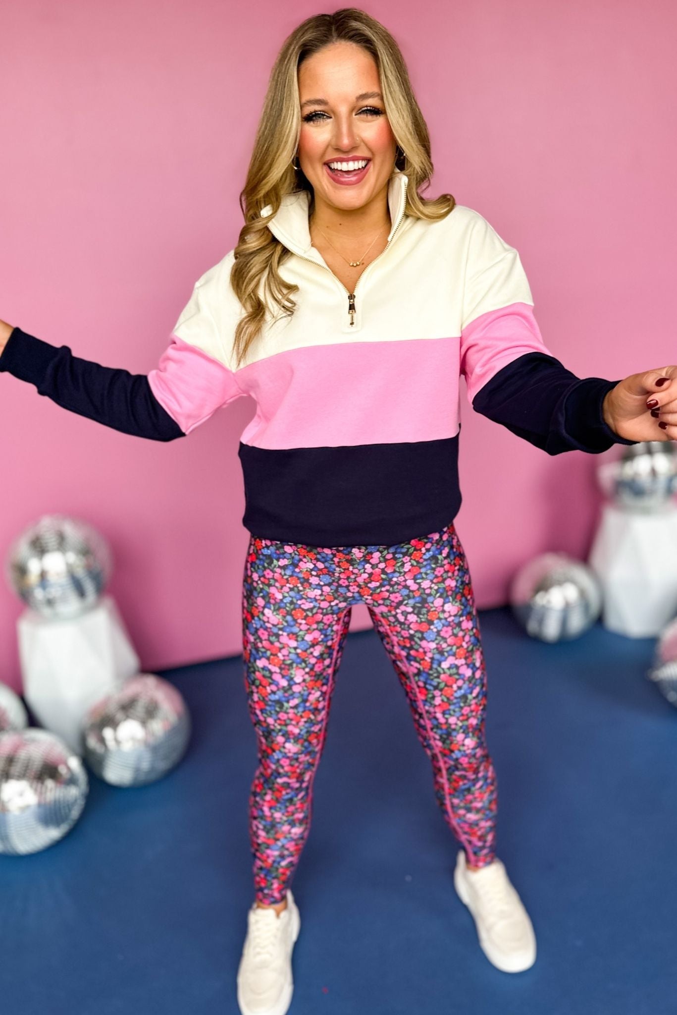 Load image into Gallery viewer, SSYS Pink Navy Color Block Quarter Zip Pullover, must have pullover, must have athleisure, elevated style, elevated athleisure, mom style, active style, active wear, fall athleisure, fall style, comfortable style, elevated comfort, shop style your senses by mallory fitzsimmons

