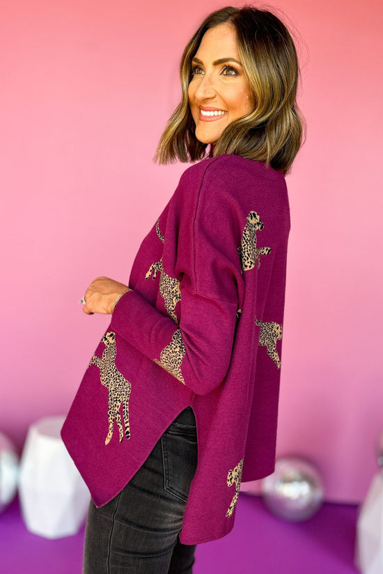 Load image into Gallery viewer, Purple Mock Neck Side Slit Animal Sweater, elevated sweater, elevated stye, must have sweater, must have style, printed sweater, fall sweater, fall fashion, mom style, shop style your senses by mallory fitzsimmons
