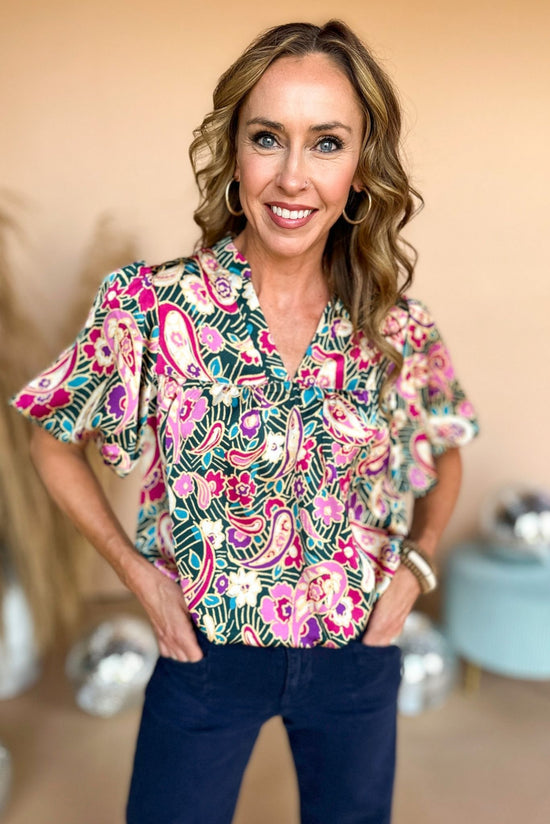 Load image into Gallery viewer, Hunter Green Paisley Print V Neck Puff Sleeve Top, fall top, transitional top, office top, must have, elevated style, mom style, shop style your senses by mallory fitzsimmons
