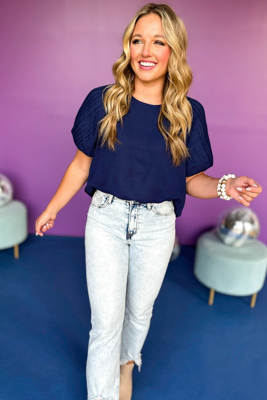 Load image into Gallery viewer, Navy Pleated Bubble Sleeve Top, must have top, must have style, must have fall, fall collection, fall fashion, elevated style, elevated top, mom style, fall style, shop style your senses by mallory fitzsimmons

