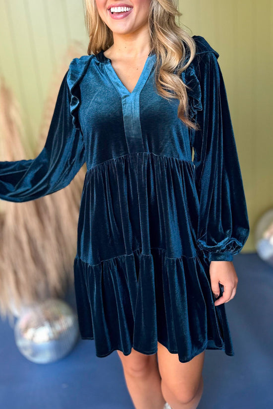 Teal Blue Velvet Tiered Ruffled Shoulder Long Sleeve Dress *FINAL SALE* *Final Sale*, must have dress, must have style, fall style, fall fashion, elevated style, elevated dress, mom style, fall collection, fall dress, shop style your senses by mallory fitzsimmons