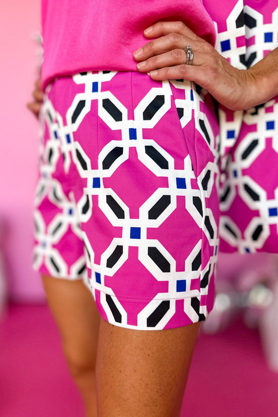  Pink Multi Square Chain Printed Flat Front Shorts, printed shorts, matching set, elevated style, shop style your senses by mallory fitzsimmons