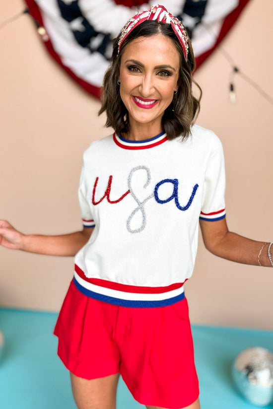 Queen Of Sparkles White USA Glitter Script Short Sleeve Sweater Top, Queen of Sparkles, Sweater Top, Fourth of July, Summer Style, Mom Style, Shop Style Your Senses by Mallory Fitzsimmons