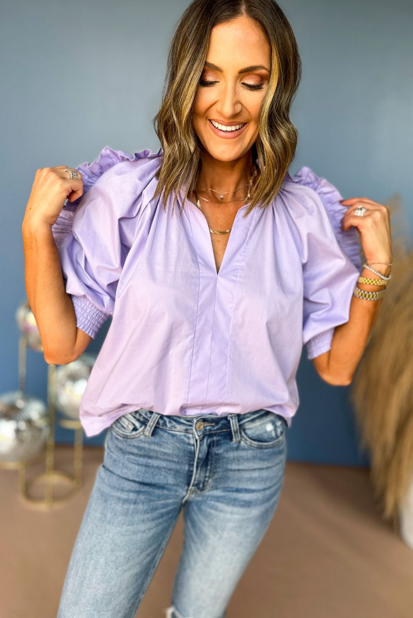 Karlie Lavender Poplin Ruffle Sleeve Top, must have top, must have sleeves, must have silhouette, elevated style, elevated look, must have look, mom style, shop style your senses by mallory fitzsimmons