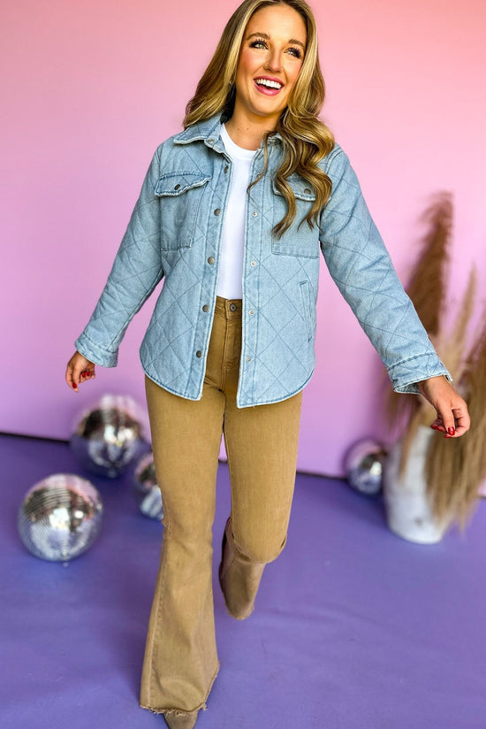 Load image into Gallery viewer, Light Wash Denim Quilted Jacket, denim jacket, must have, staple piece, quilted jacket, mom style, elevated style, shop style your senses by mallory fitzsimmons
