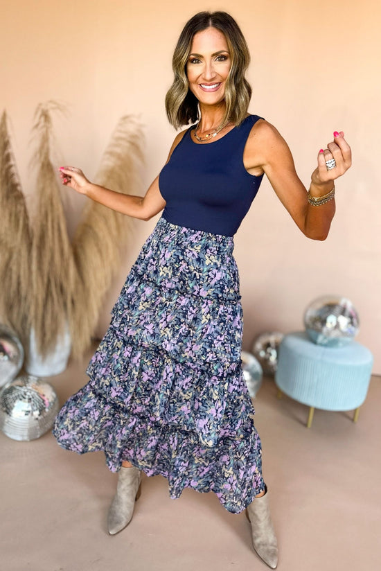 Load image into Gallery viewer, Navy Floral Printed Pull On Tiered Maxi Skirt, mom style, mom chic, carpool chic, elevated style, must have skirt, summer to fall look, summer to fall skirt, maxi skirt, must have style, shop style your senses by mallory fitzsimmons
