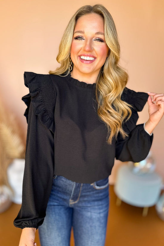 Black Frilled Neck Ruffled Shoulder Long Sleeve Top, must have top, must have style, must have fall, fall collection, fall fashion, elevated style, elevated top, mom style, fall style, shop style your senses by mallory fitzsimmons