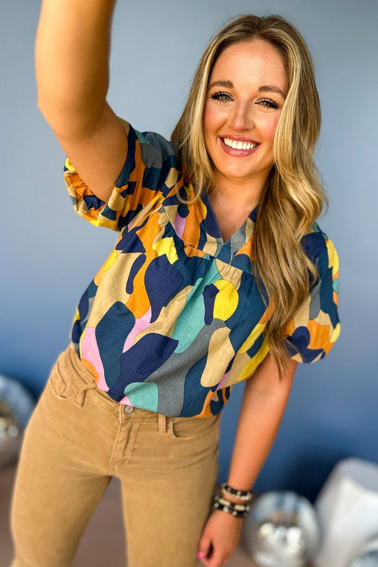 Load image into Gallery viewer, THML Blue Abstract Printed V Neck Short Sleeve Top, elevated style, elevated top, printed top, must have print, must have top, fall top, summer to fall top, THML top, must have THML, mom style, chic top, shop style your senses by mallory fitzsimmons

