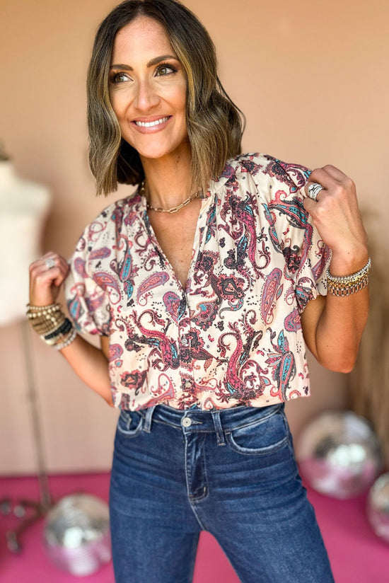 Taupe Paisley Printed Split Neck Puff Short Sleeve Top, elevated top, elevaed style, must have top, must have style, fall top, printed top, mom style, fall fashion, shop style your senses by mallory fitzsimmons