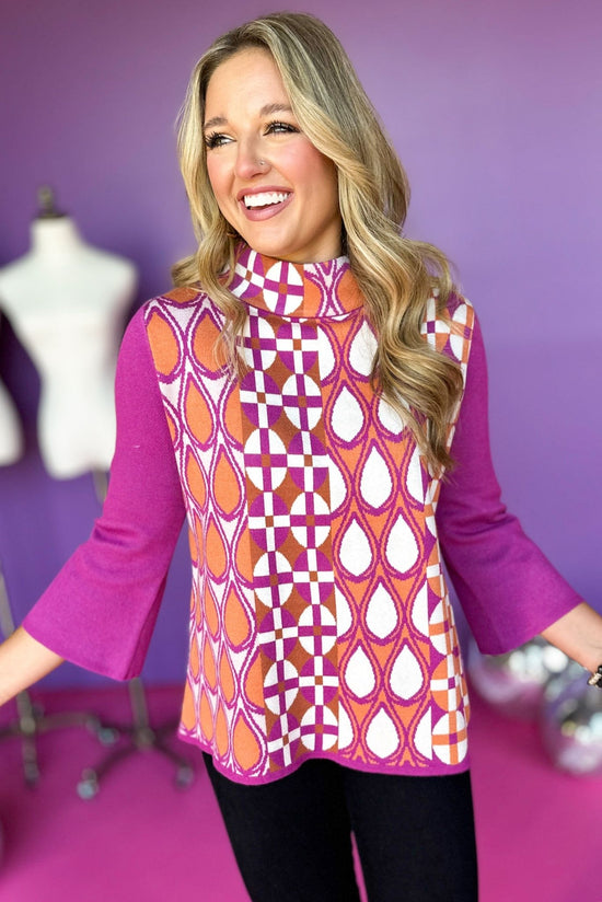 Magenta Multi Geometric Printed Mock Neck Sweater, must have top, must have style, must have fall, fall collection, fall fashion, elevated style, elevated top, mom style, fall style, shop style your senses by mallory fitzsimmons