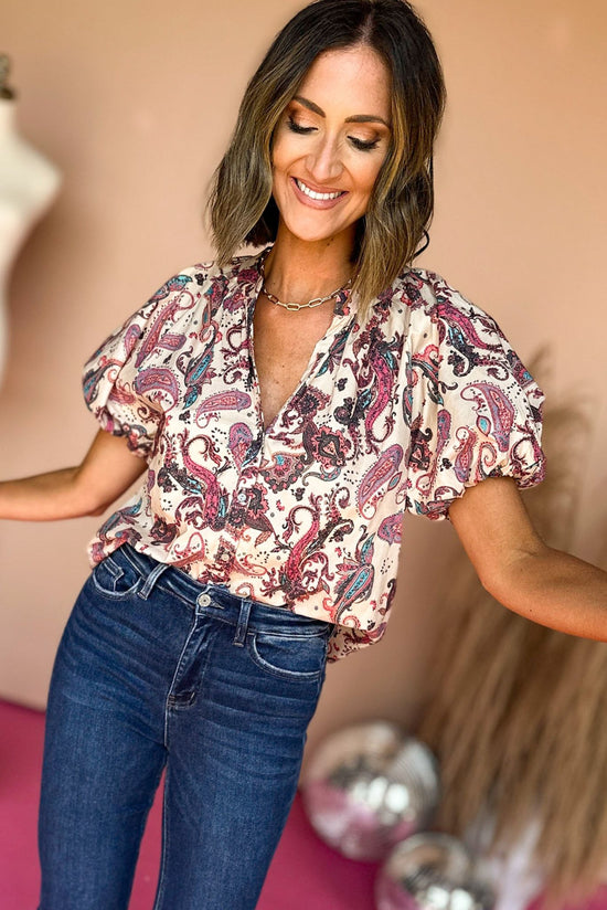 Load image into Gallery viewer, Taupe Paisley Printed Split Neck Puff Short Sleeve Top, elevated top, elevaed style, must have top, must have style, fall top, printed top, mom style, fall fashion, shop style your senses by mallory fitzsimmons
