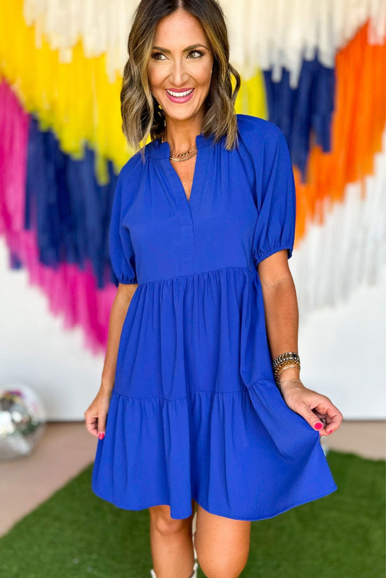  Royal Blue Split Neck Tiered Raglan Sleeve Dress, game day dress, game day style, game day essential, game day look, elevated style, mom style, kentucky gameday, smu gameday, must have, shop style your senses by mallory fitzsimmons