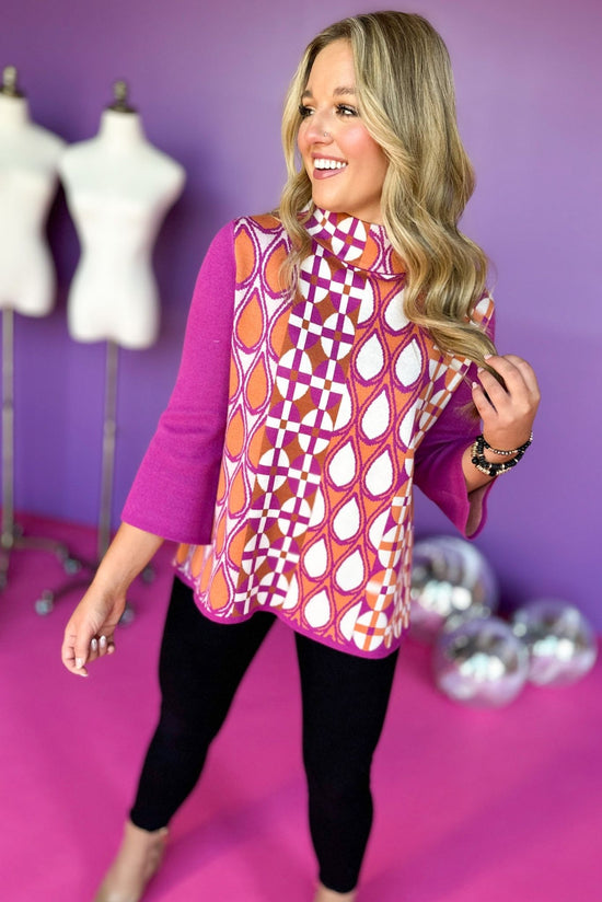 Magenta Multi Geometric Printed Mock Neck Sweater, must have top, must have style, must have fall, fall collection, fall fashion, elevated style, elevated top, mom style, fall style, shop style your senses by mallory fitzsimmons