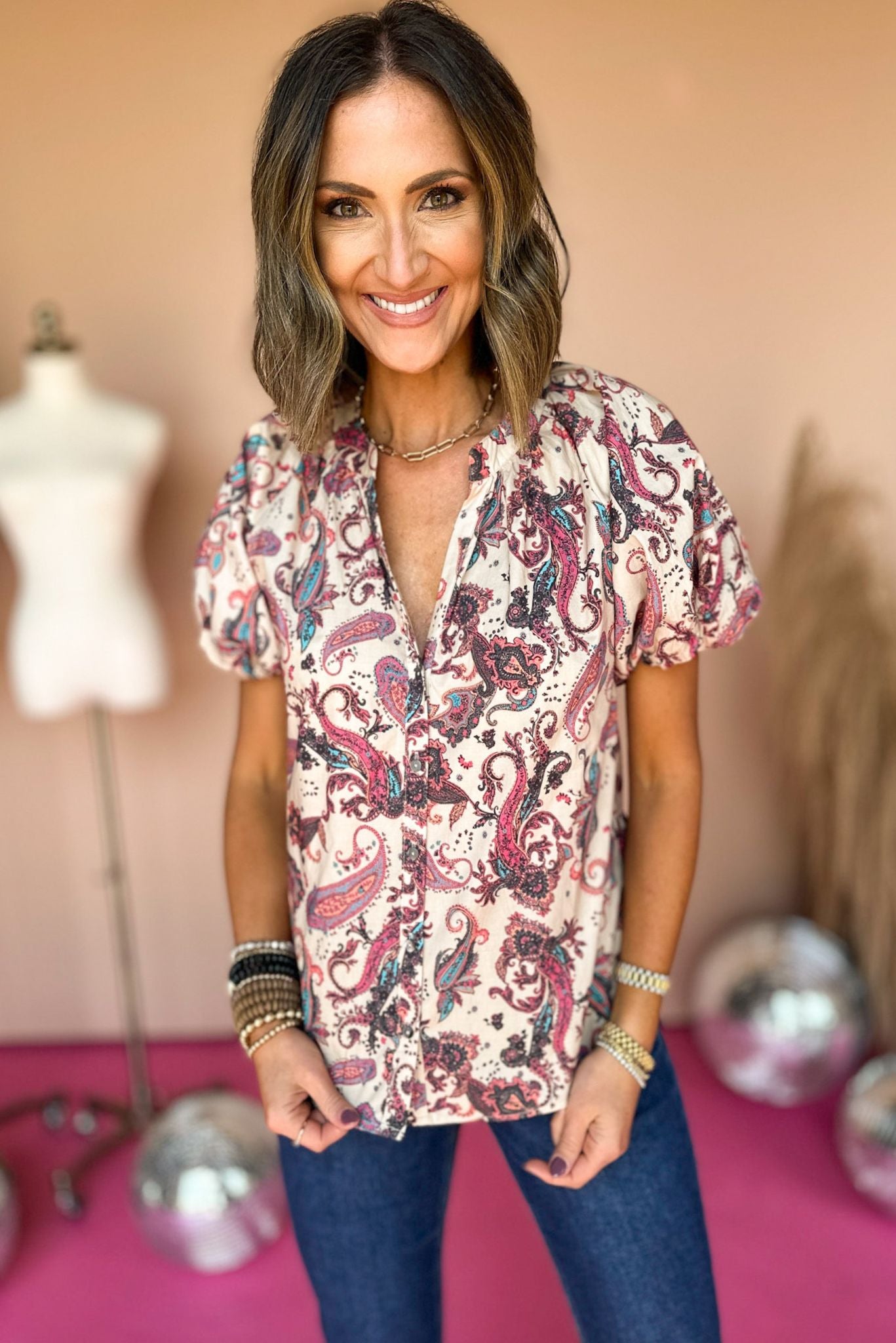 Load image into Gallery viewer, Taupe Paisley Printed Split Neck Puff Short Sleeve Top, elevated top, elevaed style, must have top, must have style, fall top, printed top, mom style, fall fashion, shop style your senses by mallory fitzsimmons
