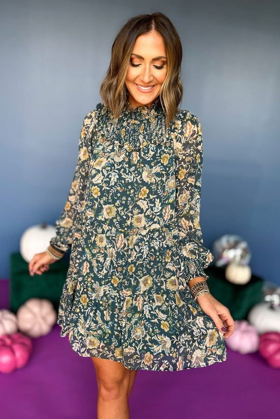 Load image into Gallery viewer, Green Floral Printed High Smocked Neck Ruffle Long Sleeve Dress, elevated style, elevated dress, must have dress, must have style, must have print, fall style, fall fashion, fall dress, fall family photos, mom style, shop style your senses by mallory fitzsimmons
