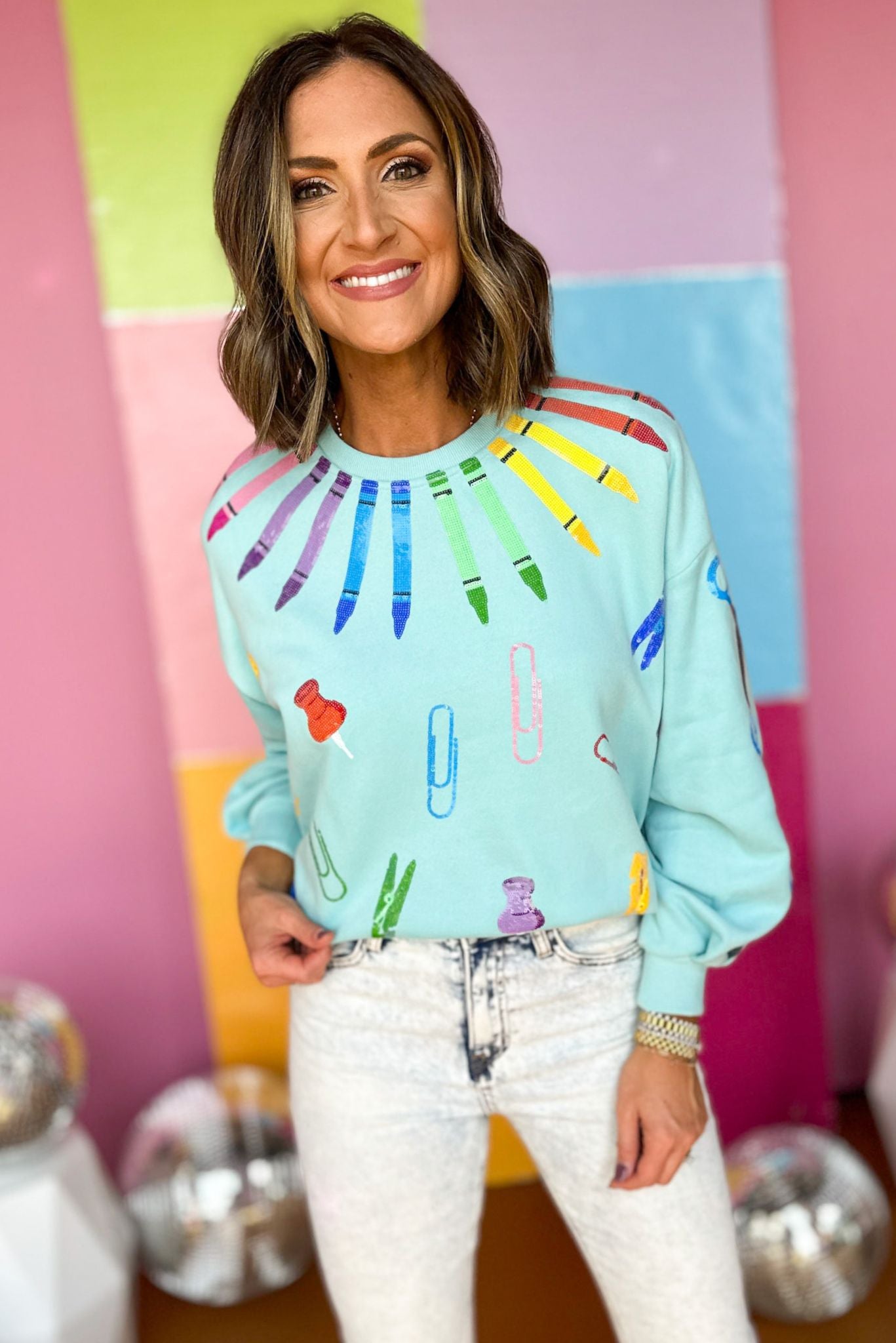 Queen Of Sparkles Mint School Supplies Sweatshirt, , must have sweatshirt, must have style, must have sparkle, QOS, Queen of sparkles, fall fashion, elevated fall, elevated style, mom style, shop style your senses by mallory fitzsimmons