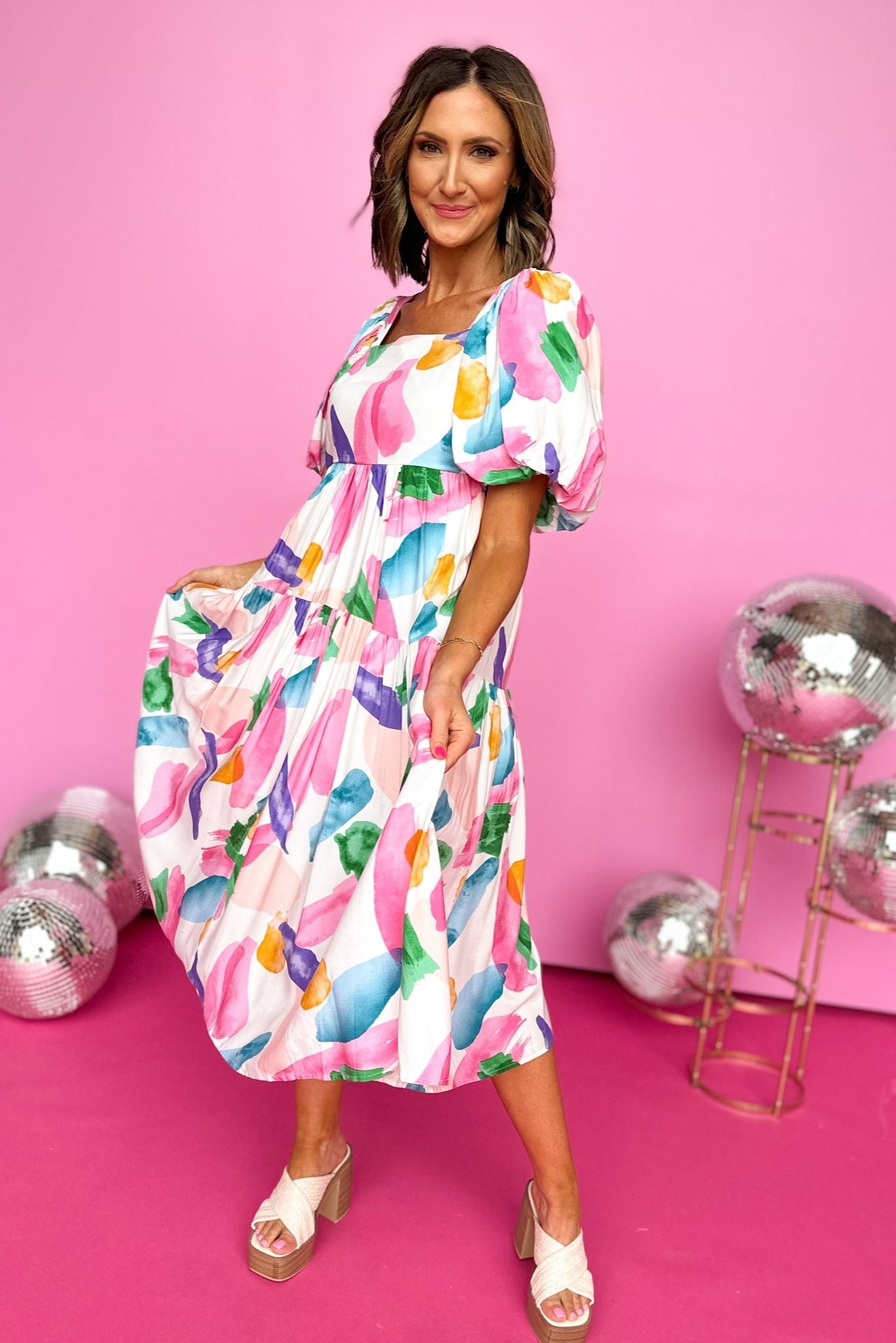 Pink Abstract Printed Square Neck Puff Sleeve Tiered Midi Dress, Summer Dress, Mom Style, Bright Colors, Shop Style Your Senses by Mallory Fitzsimmons