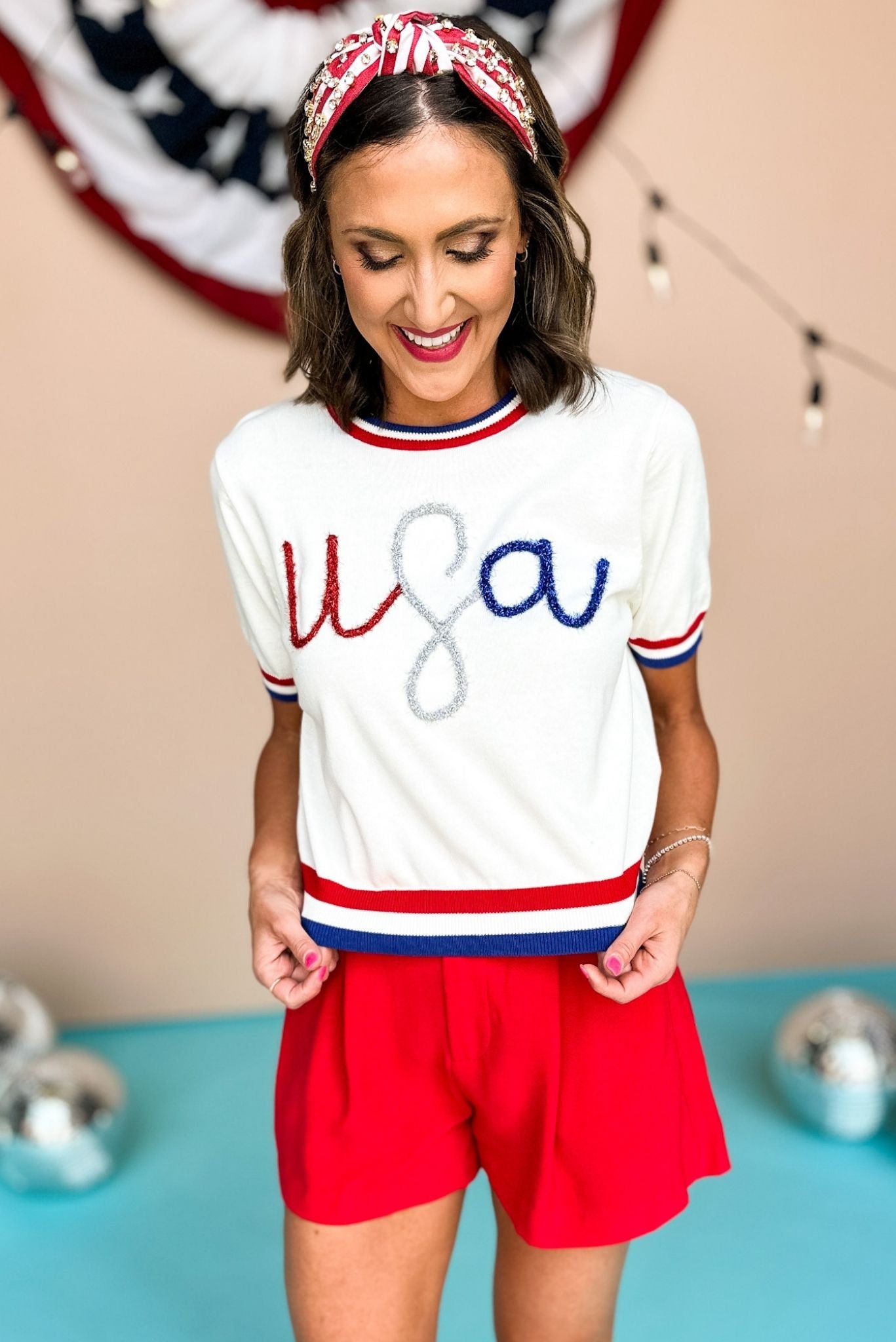 Queen Of Sparkles White USA Glitter Script Short Sleeve Sweater Top, Queen of Sparkles, Sweater Top, Fourth of July, Summer Style, Mom Style, Shop Style Your Senses by Mallory Fitzsimmons