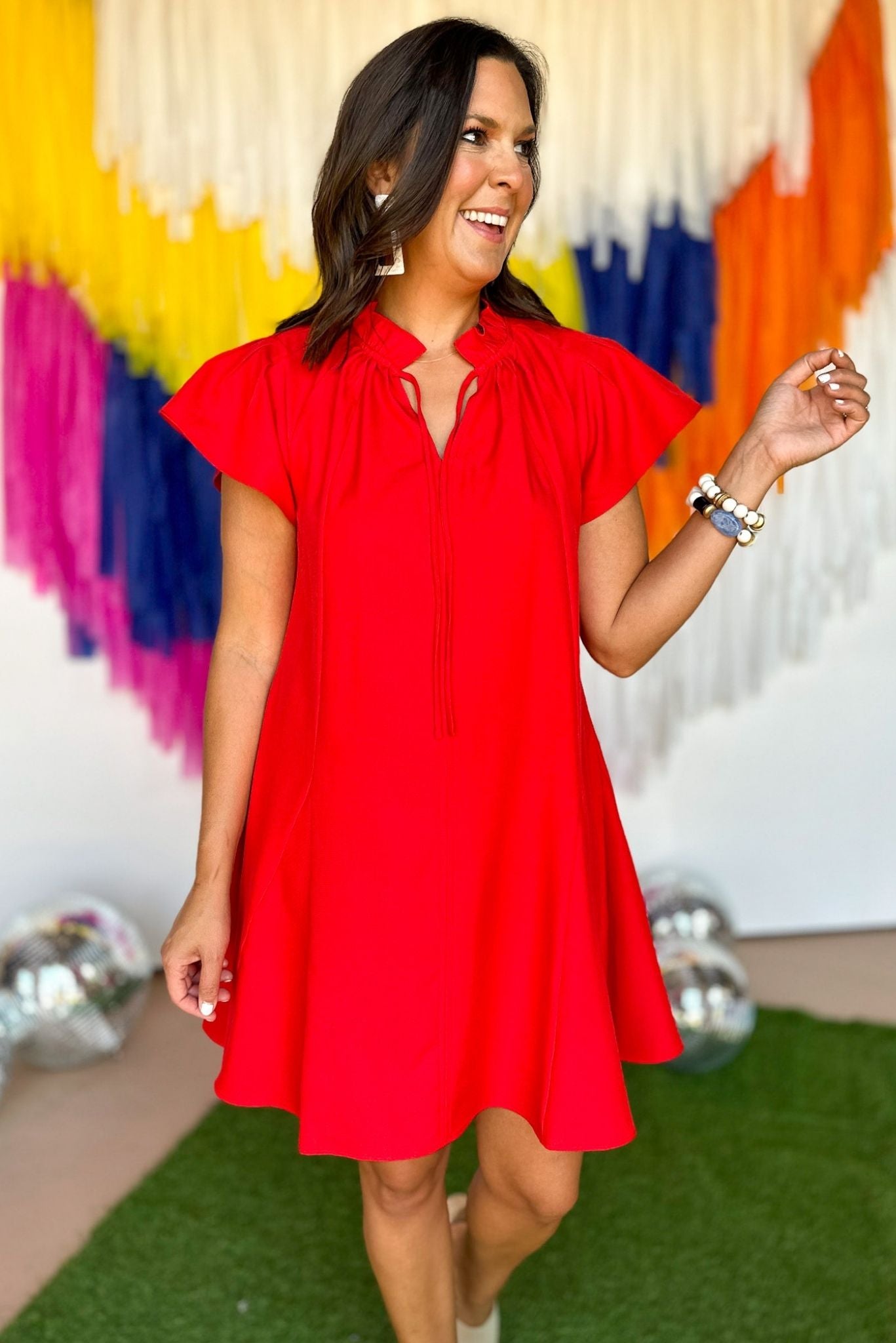 THML Red Split Neck Flutter Sleeve Dress, game day dress, gameday style, game day essential, game day must have, georgia game day, ou game day, texas tech game day, alabama gameday, elevated style, mom style, shop style your senses by mallory fitzsimmons