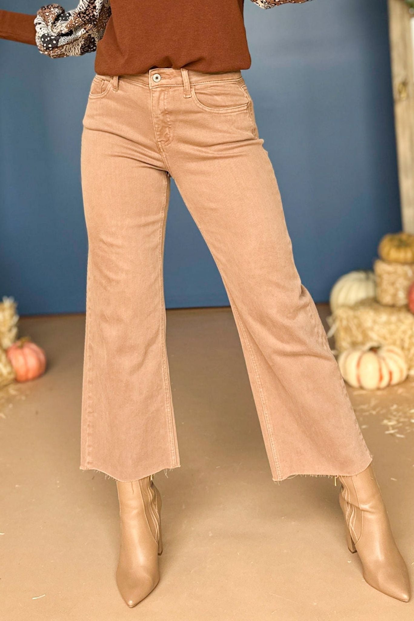 Load image into Gallery viewer,  Vervet Brown Washed High Rise Cropped Frayed Hem Wide Leg Jeans, must have jeans, must have denim, must have style, fall fashion, fall denim, fall style, elevated style, elevated denim, shop style your senses by mallory fitzsiommons
