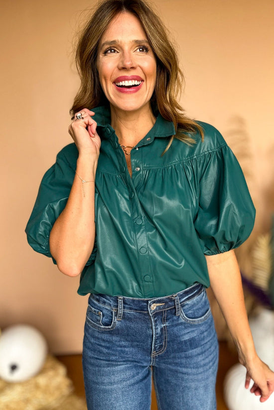 Load image into Gallery viewer, Teal Green Faux Leather Button Front Collared Puff Sleeve Top, must have top, must have style, must have fall, fall collection, fall fashion, elevated style, elevated top, mom style, fall style, shop style your senses by mallory fitzsimmons
