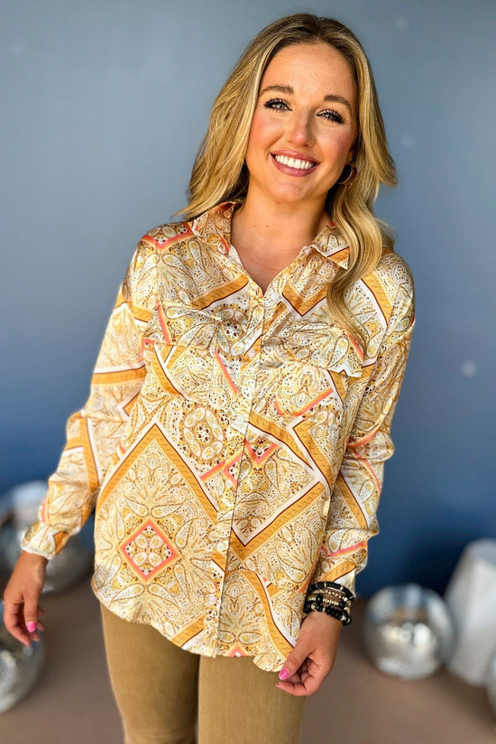 Load image into Gallery viewer, Yellow Paisley Printed Pocket Detail Long Sleeve Top, elevated top, office top, elevated style, office style, must have top, must have print, mom style, fall style, fall print, shop style your senses by mallory fitzsimmons
