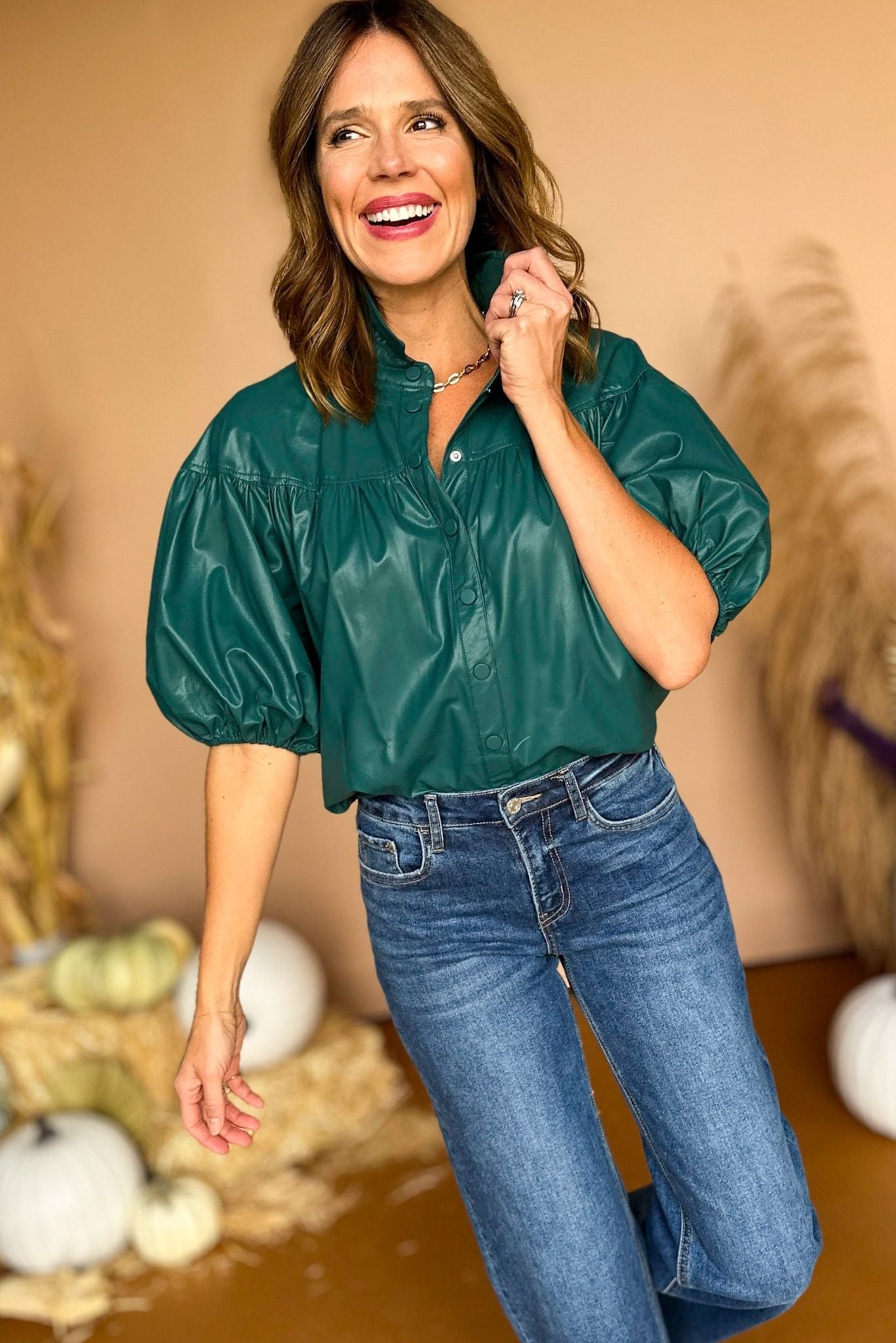 Load image into Gallery viewer, Teal Green Faux Leather Button Front Collared Puff Sleeve Top, must have top, must have style, must have fall, fall collection, fall fashion, elevated style, elevated top, mom style, fall style, shop style your senses by mallory fitzsimmons
