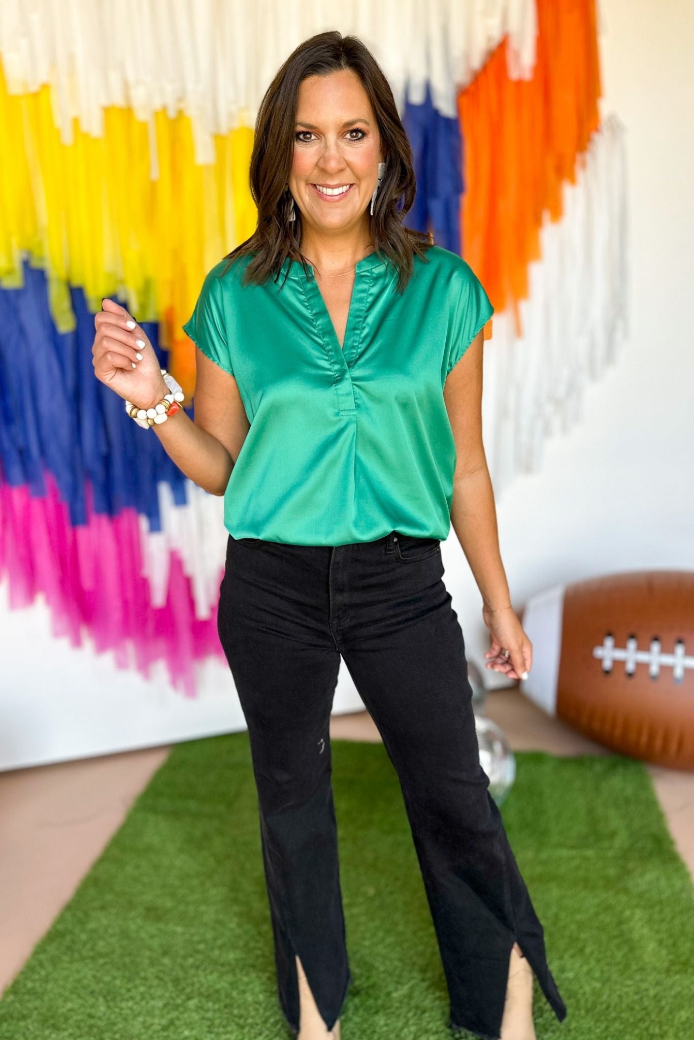 Green Silky Split V Neckline Cap Sleeve Top, game day style, game day top, game day must have, gameday look, gameday essential, elevated style, mom style, baylor gameday, unt gameday, shop style your senses by mallory fitzsimmons