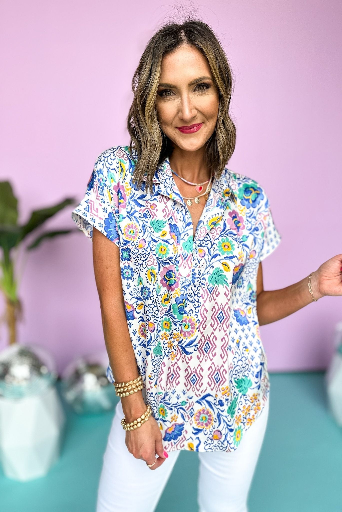 Blue Mixed Printed Collared Back Box Pleated Kimono Sleeve Top, Printed Top, Summer Top, Summer Style, Mom Style, Shop Style Your Senses by Mallory Fitzsimmons