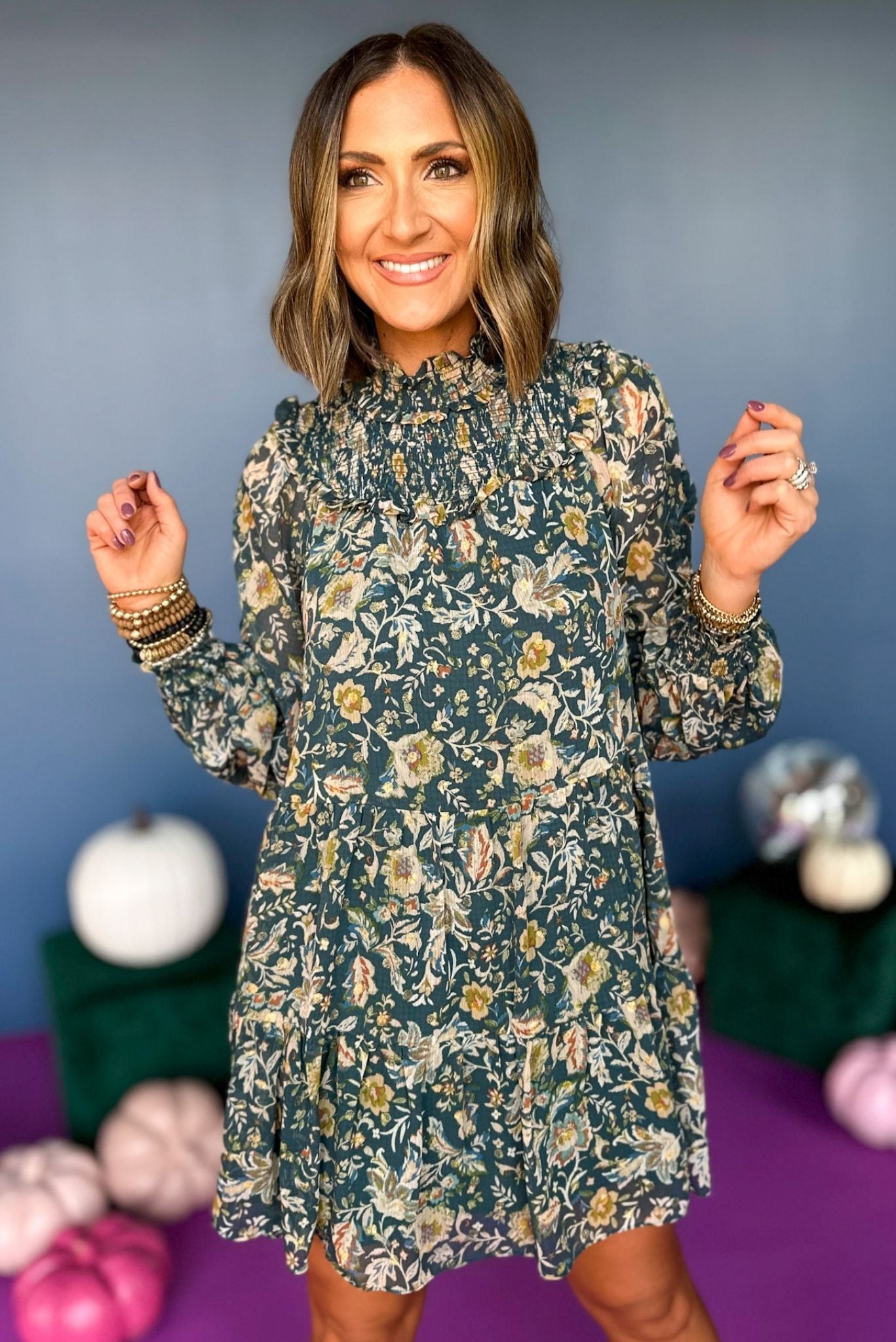 Load image into Gallery viewer,  Green Floral Printed High Smocked Neck Ruffle Long Sleeve Dress, elevated style, elevated dress, must have dress, must have style, must have print, fall style, fall fashion, fall dress, fall family photos, mom style, shop style your senses by mallory fitzsimmons
