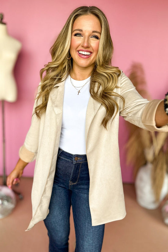 Load image into Gallery viewer, Cream Faux Suede Lapel Detail Jacket, elevated style, elevated jacket, must ahve jacket, must have style, must have fall, fall style, fall jacket, faux suede, mom style, office style, shop style your senses by mallory fitzsimmons
