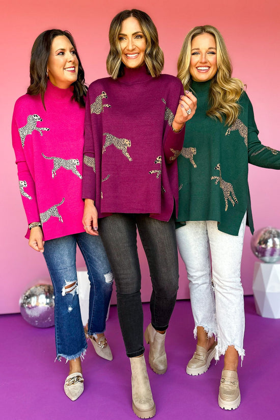 Load image into Gallery viewer, Green Mock Neck Side Slit Animal Sweater, elevated sweater, elevated stye, must have sweater, must have style, printed sweater, fall sweater, fall fashion, mom style, shop style your senses by mallory fitzsimmons
