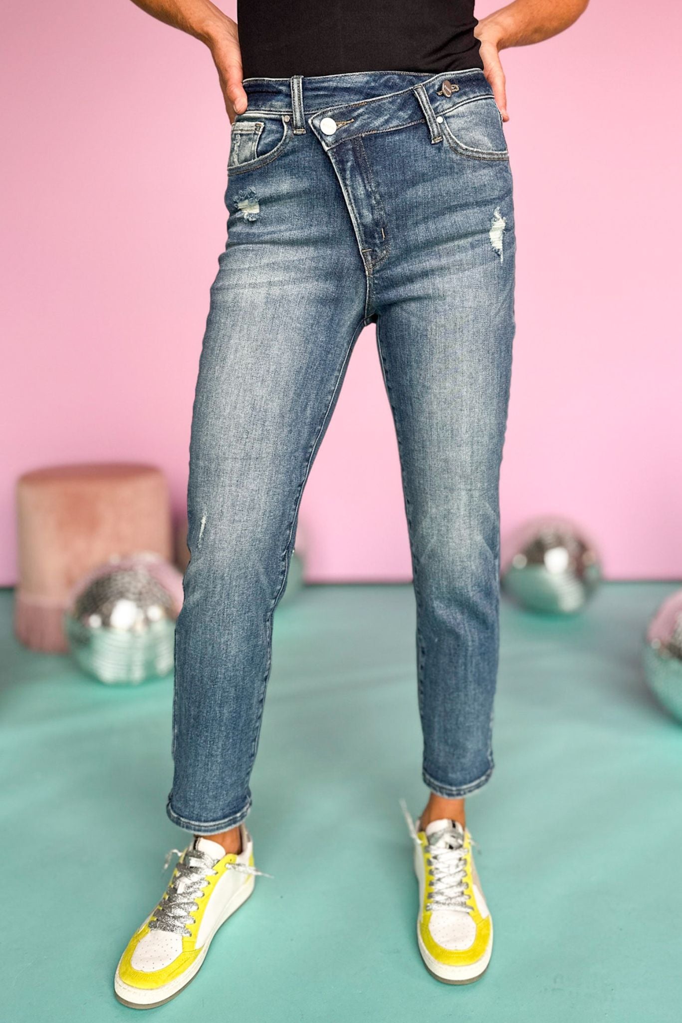 Load image into Gallery viewer, Risen Medium Wash Crossover High Rise Tapered Jeans, crossover, medium wash, casual look, high rise, shop style your senses by mallory fitzsimmons
