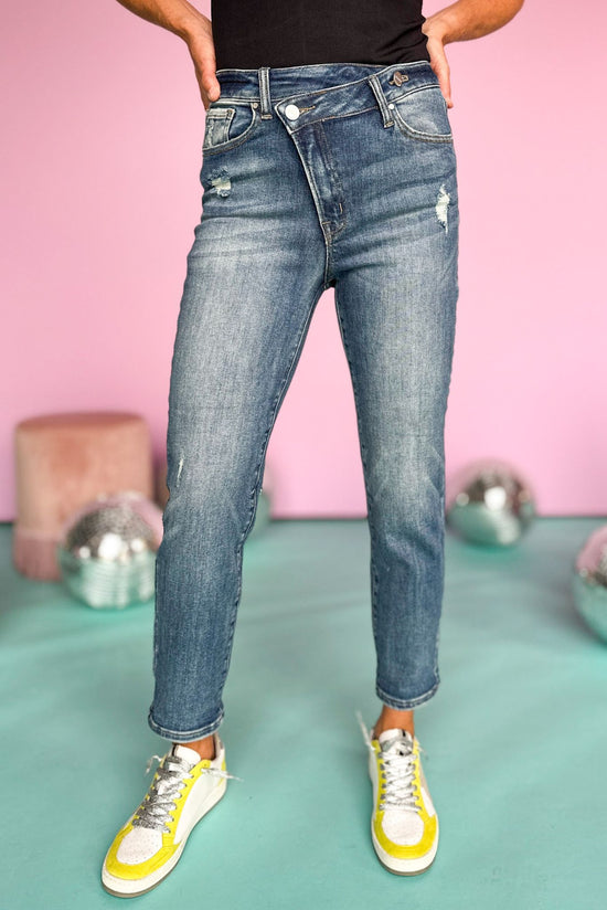 Load image into Gallery viewer, Risen Medium Wash Crossover High Rise Tapered Jeans, crossover, medium wash, casual look, high rise, shop style your senses by mallory fitzsimmons
