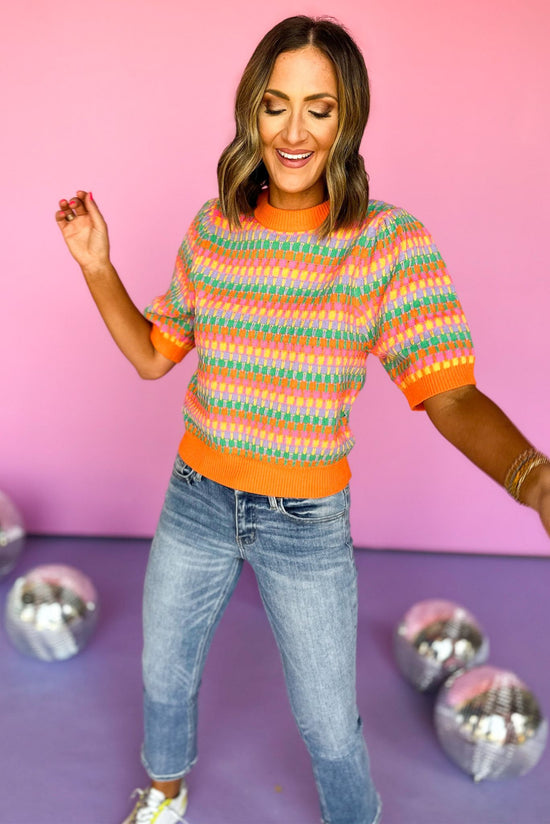 Load image into Gallery viewer, THML Orange Striped Open Knit Short Sleeve Top, summer top, knit top, elevated style, mom style, must have, shop style your senses by mallory fitzsimmons
