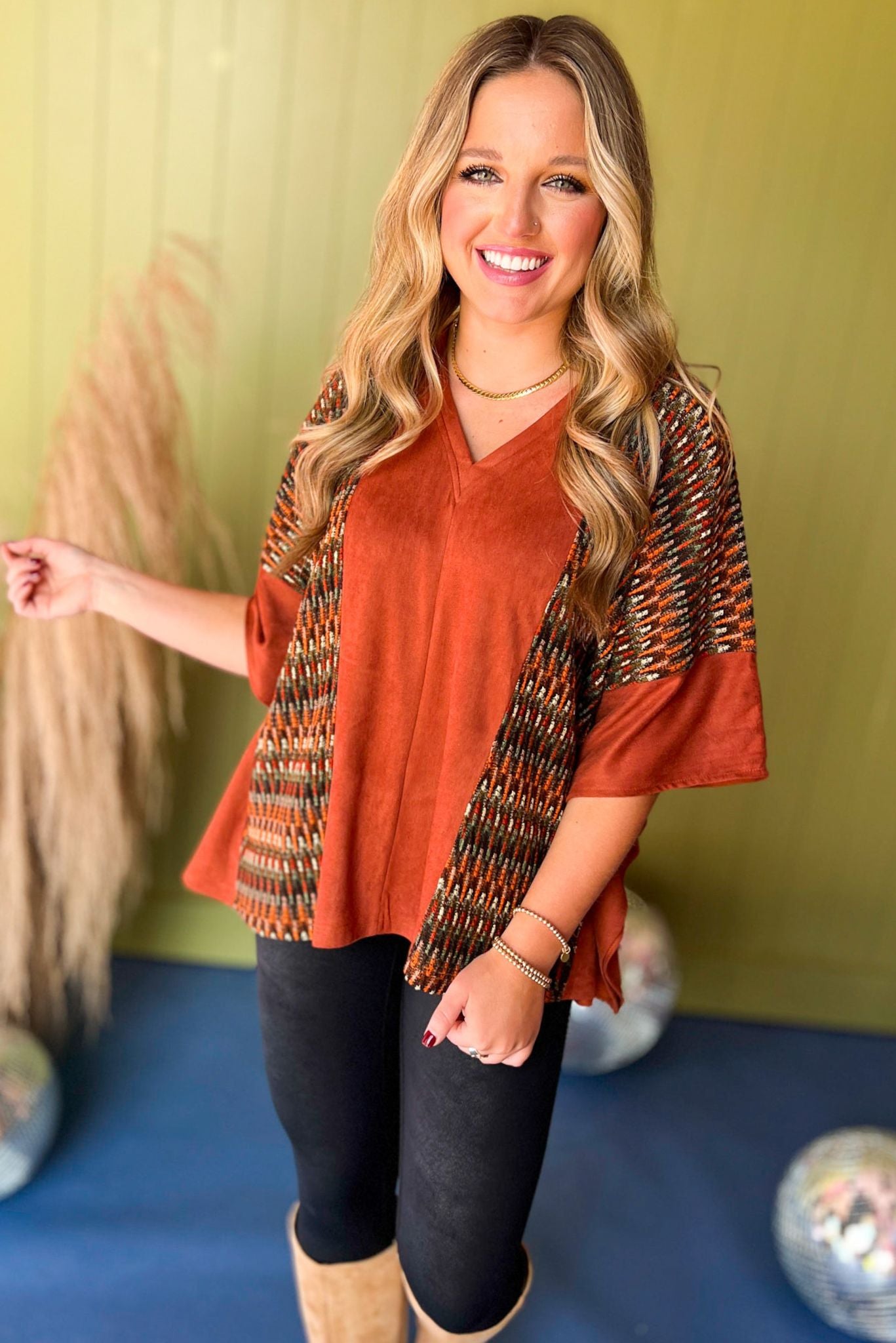 Rust V Neck Faux Suede Knitted Poncho Top, must have top, must have style, must have fall, fall collection, fall fashion, elevated style, elevated top, mom style, fall style, shop style your senses by mallory fitzsimmons