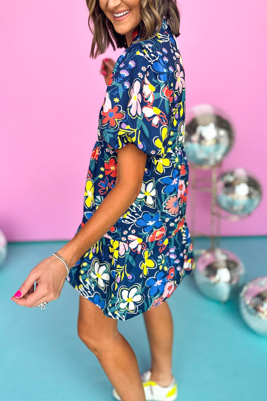 thml navy floral printed puff sleeve tiered dress, summer style, brunch, mom style, bright colors, above the knee dress, summer must have, shop style your senses by mallory fitzsimmons