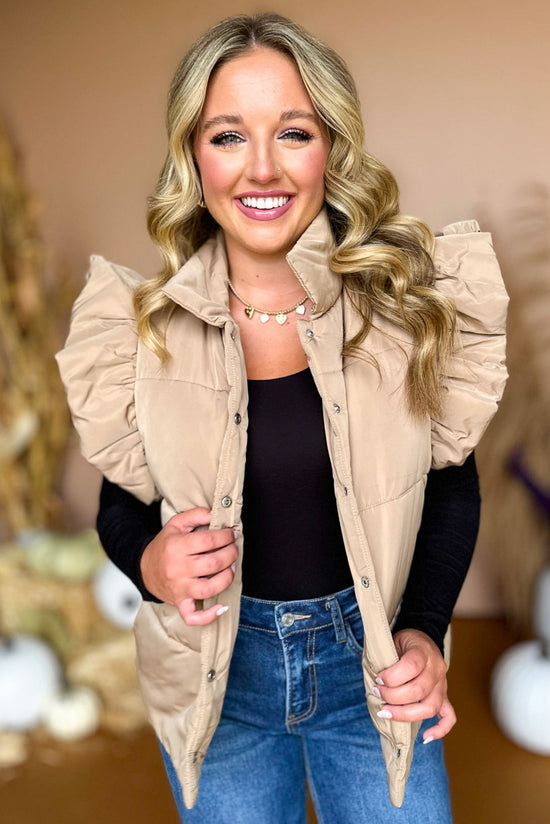  Camel Quilted Ruffled Shoulder Vest, must have vest, must have style, must have fall, fall collection, fall fashion, elevated style, elevated vest, mom style, fall style, shop style your senses by mallory fitzsimmons