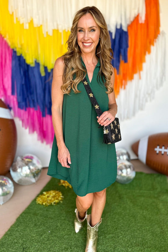 Load image into Gallery viewer, SSYS Green Sleeveless Collared Crepe Dress, game day dress, game day style, easy fit, elevated style, mom style, shop style your senses by mallory fitzsimmons
