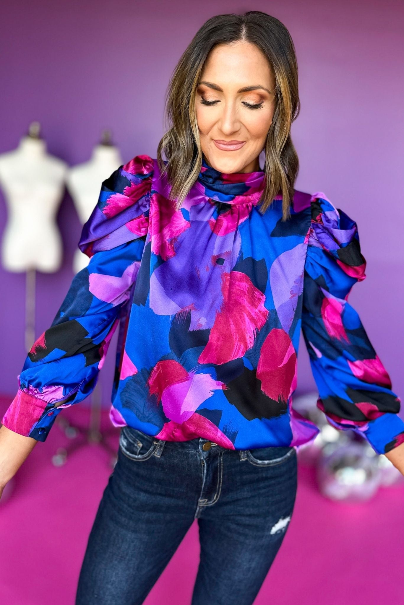 Purple Abstract Printed Ruffle Shoulder Long Sleeve Top, must have top, must have style, must have fall, fall collection, fall fashion, elevated style, elevated top, mom style, fall style, shop style your senses by mallory fitzsimmons