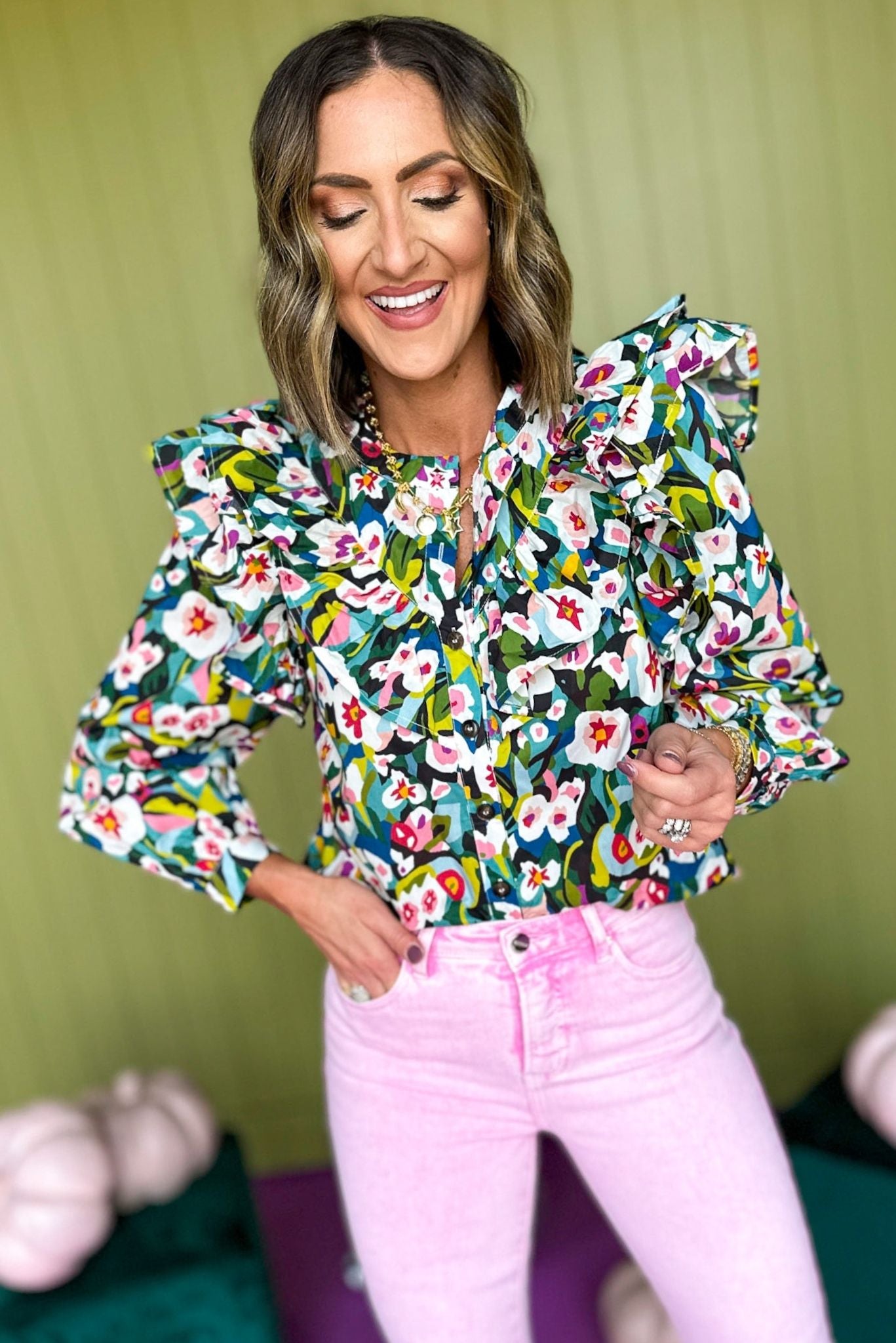 Load image into Gallery viewer, Green Floral Printed Layered Ruffled Button Front Top, must have top, must have style, must have fall, fall collection, fall fashion, elevated style, elevated top, mom style, fall style, shop style your senses by mallory fitzsimmons
