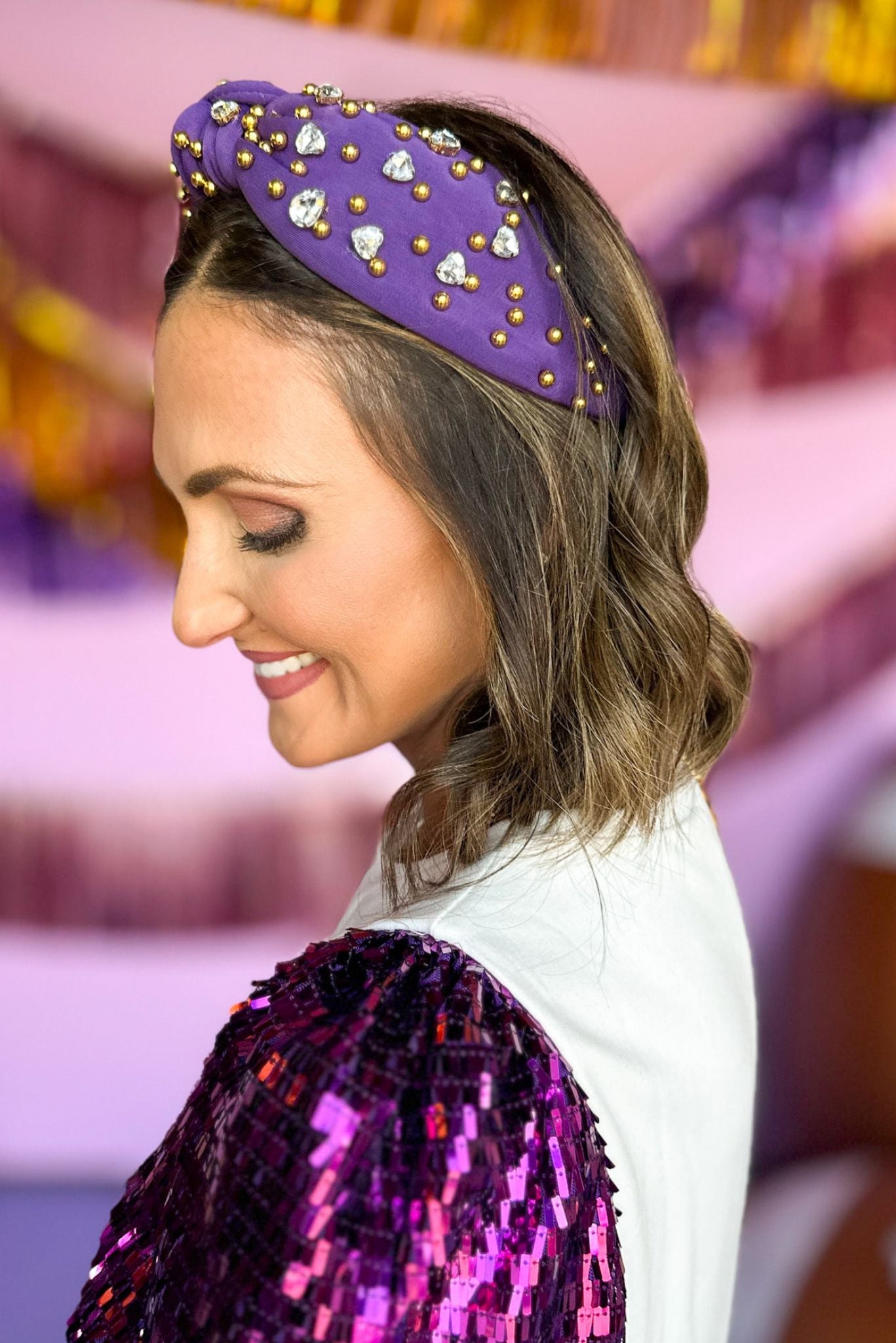 Load image into Gallery viewer, Purple Gold Bead Rhinestone Knot Headband, accessories, headband, gameday style, game day headband, game day accessory, tcu game day, lsu game day, clemson game day, shop style your senses by mallory fitzsimmons
