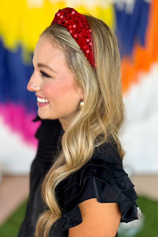 Red Sequin Knot Headband, game day style, accessories, headband, game day accessory, alabama game day, texas tech gameday, georgia gameday, ou game day, shop style your senses by mallory fitzsimmons