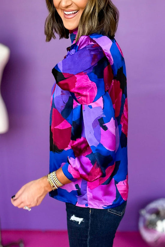 Purple Abstract Printed Ruffle Shoulder Long Sleeve Top, must have top, must have style, must have fall, fall collection, fall fashion, elevated style, elevated top, mom style, fall style, shop style your senses by mallory fitzsimmons