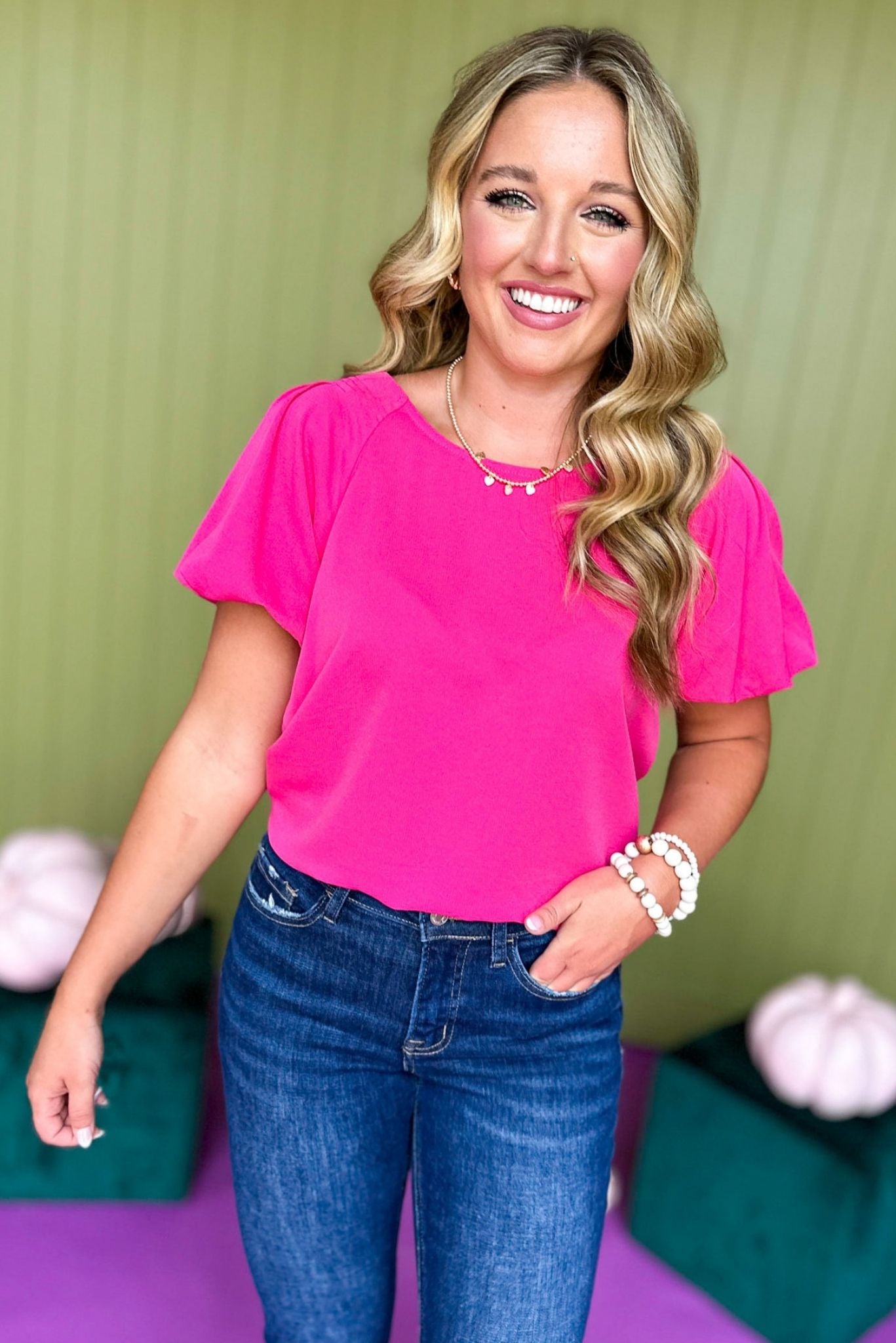 Fuchsia Puffed Short Sleeve Top, must have top, must have style, must have fall, fall collection, fall fashion, elevated style, elevated top, mom style, fall style, shop style your senses by mallory fitzsimmons